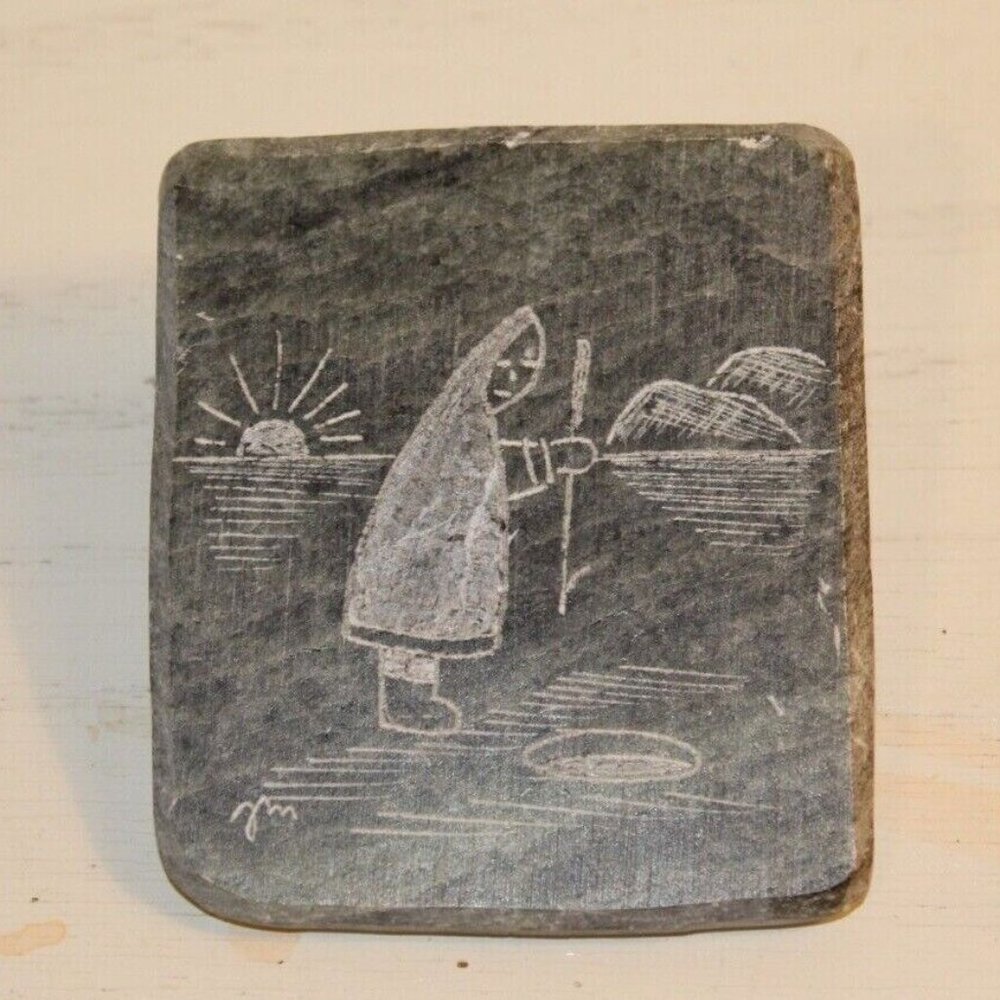 Black Soapstone Canadian Intuit Etched Angle Square Paperweight Sculpture Signed